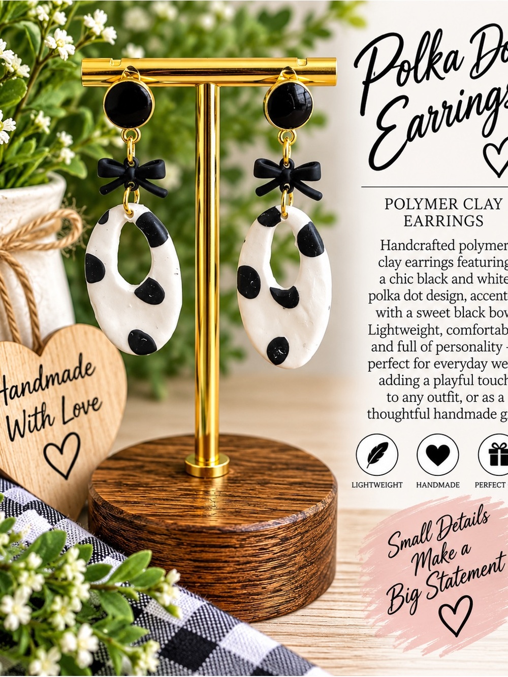 Handmade Black & White Polka Dot Bow Drop Earrings
